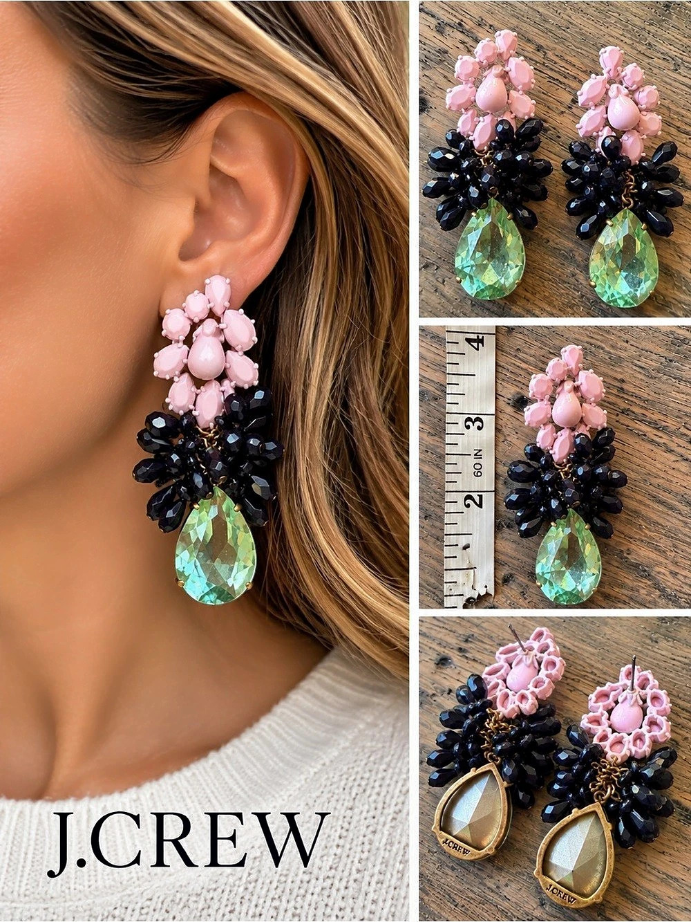 J.Crew Pink Black Green Crystal Statement Chandelier Earrings